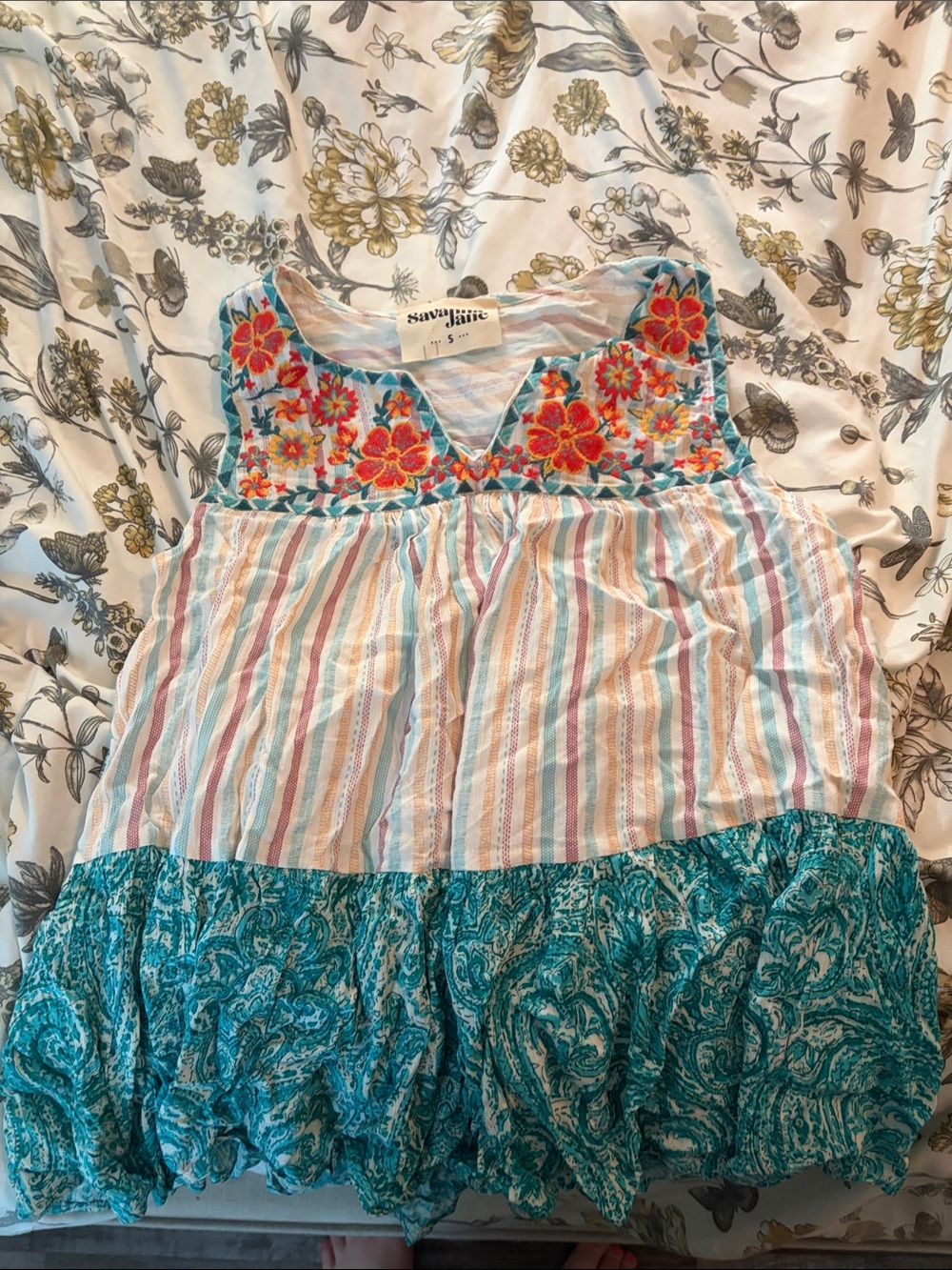Savannah Jane' Teal Floral Embroidered Tiered tank top